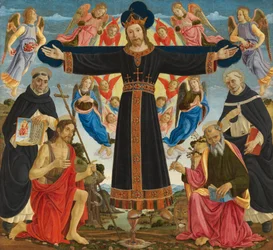 Christus am Kreuz mit den Heiligen Vincent Ferrer, Johannes dem Täufer, Markus und Antonius, um 1491-5